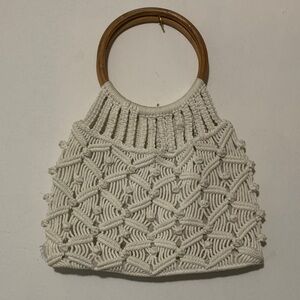 Unique White Macrame Handbag with Wooden Handle
